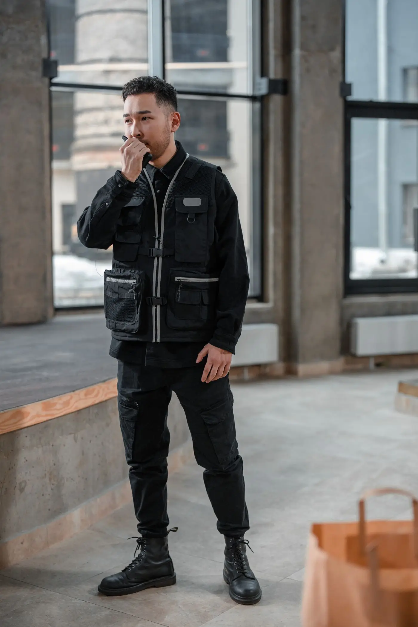 Security officer standing on duty in a building lobby